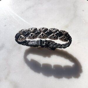 BRIGHTON - Rare vintage Black Leather Braided Silver 9.5" Bracelet